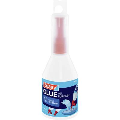 Bottle of tesa Glue All Purpose, water-resistant, 90 g, with a blue label and red liquid inside.