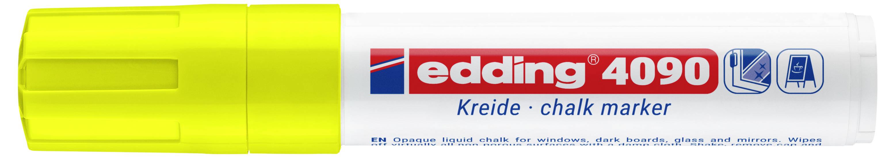 Yellow-capped Edding 4090 Kreide chalk marker pen, labeled for use on glass, windows, mirrors, and more.