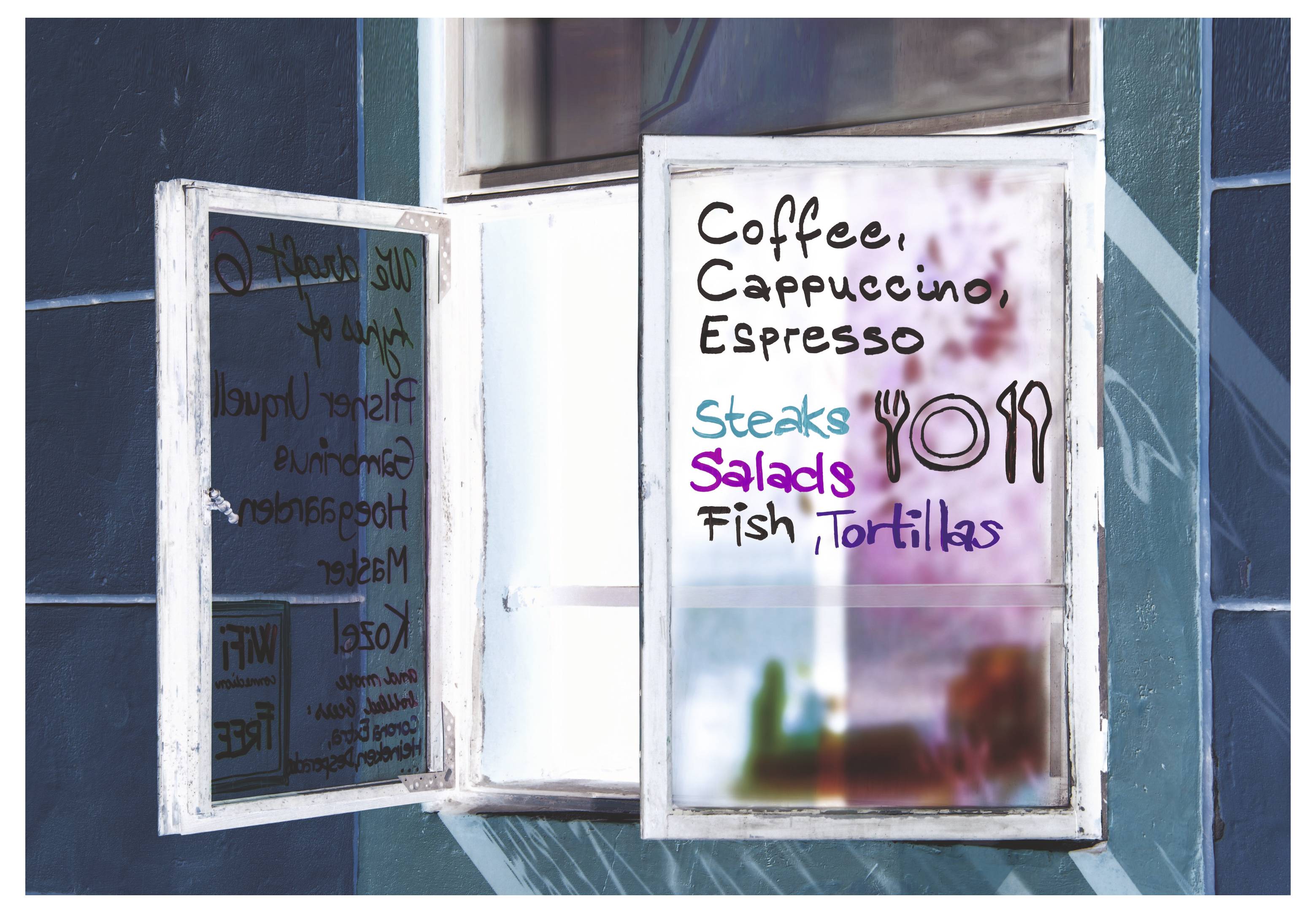 Open restaurant window menu listing coffee, cappuccino, espresso, steaks, salads, fish and tortillas.