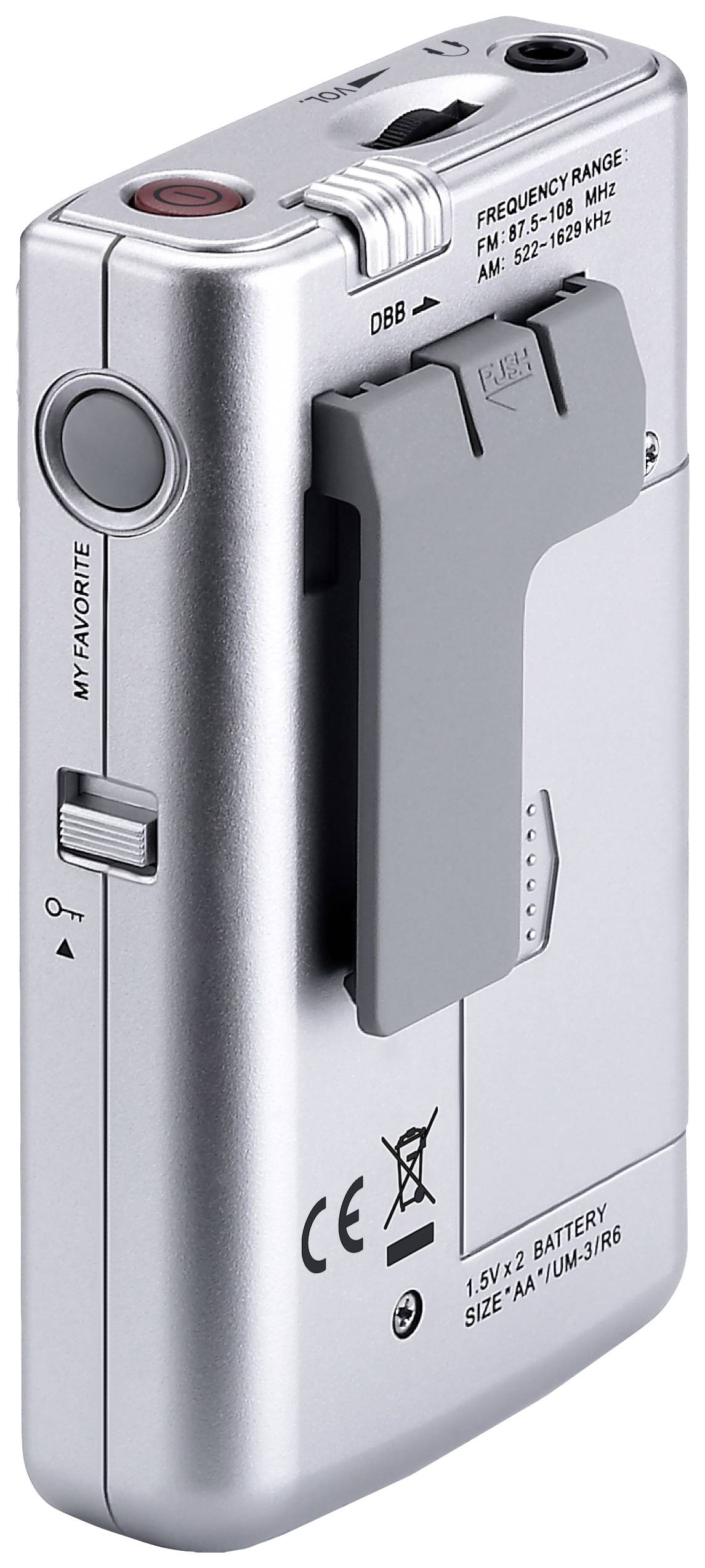 Compact, silver portable radio receiver with a folding antenna and belt clip, displaying frequency ranges and battery compartment on the back.