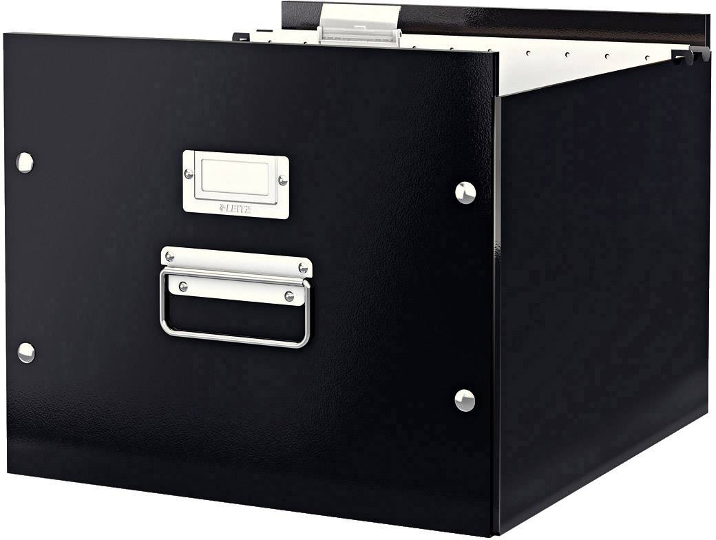 A black filing box with label holder and handle, suitable for organising and storing documents.