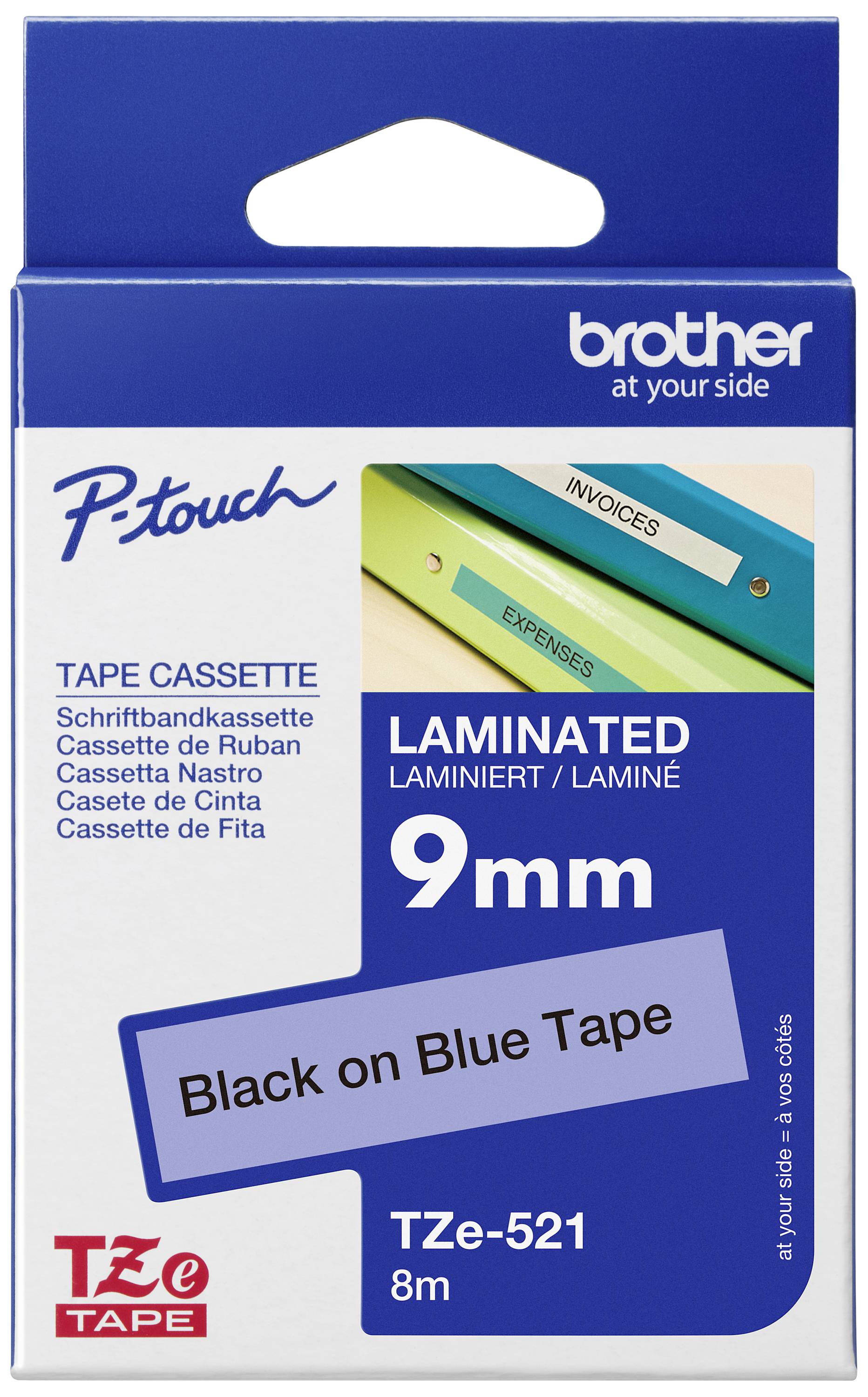 Brother TZe-521 Labelling tape Plastic Tape colour: Blue Font colour: Black 9 mm 8 m