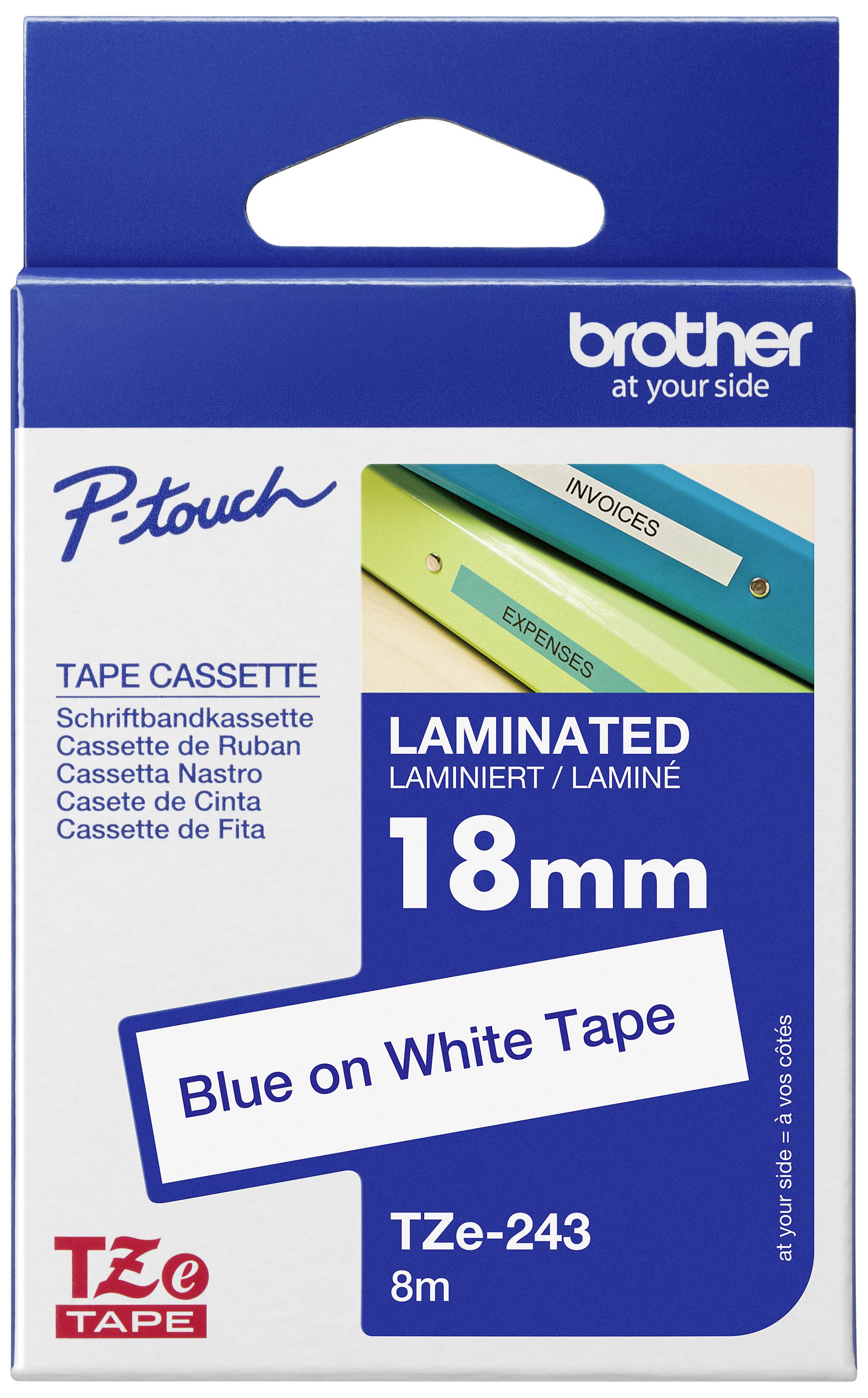 'P-touch' TZe-243 18mm laminated label tape, blue on white, 8m. Packaging with image of labelled folders.