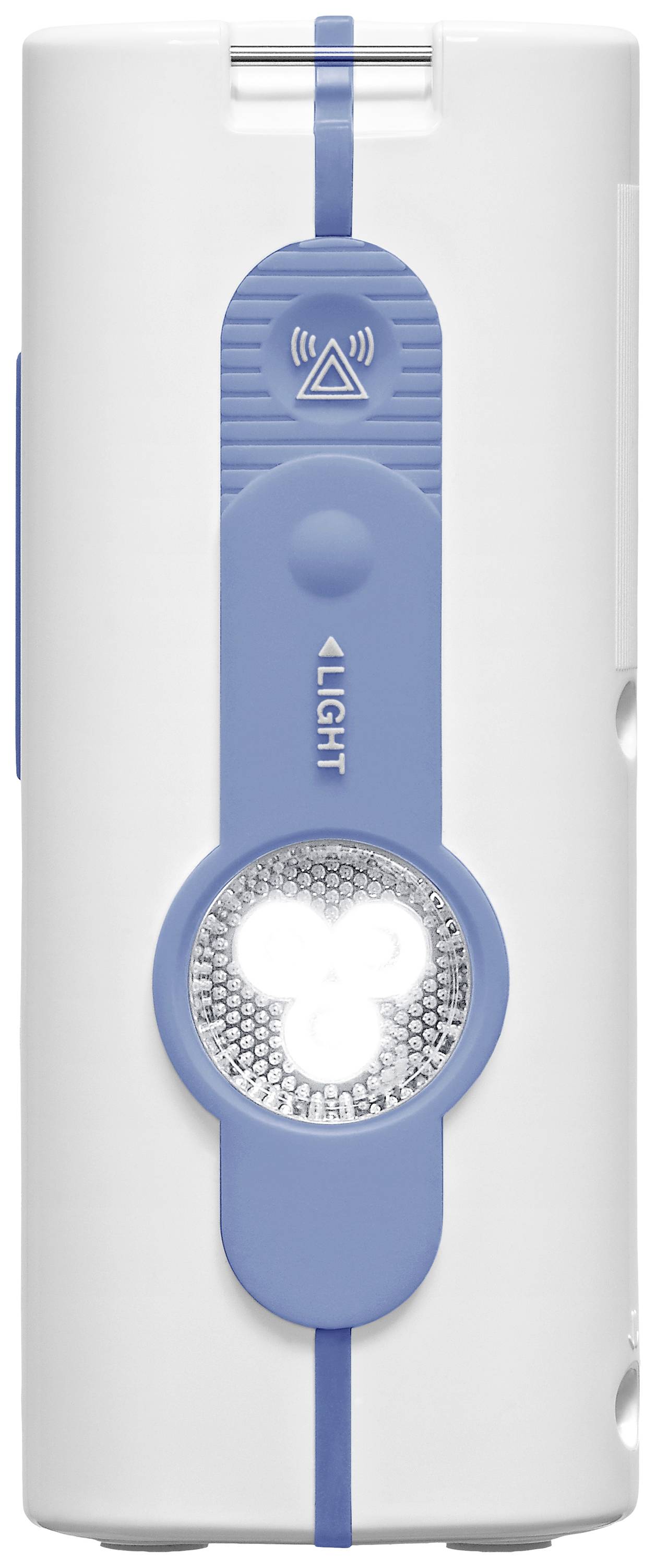 White torch with a blue mounting bracket and three LED lights. It features a crank handle and an alarm signal symbol.