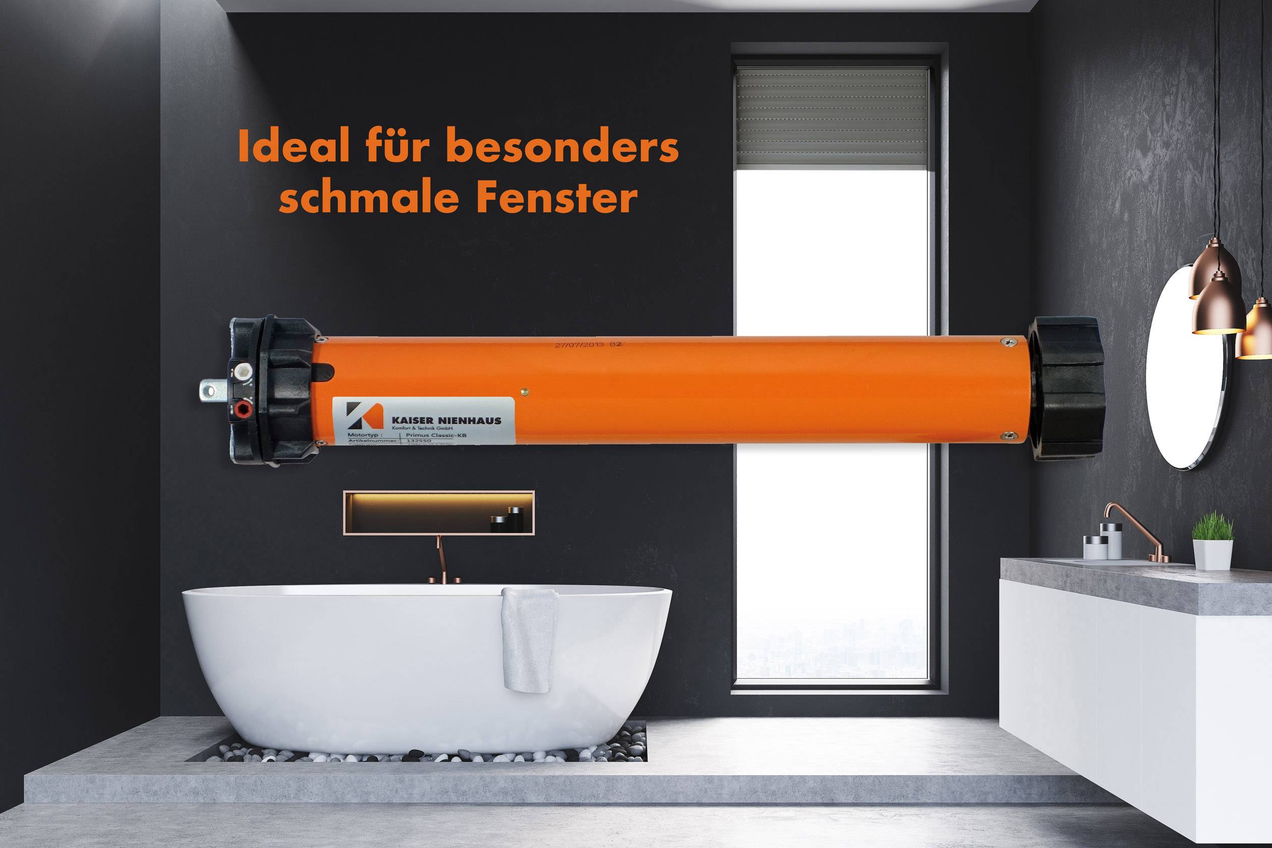 An orange motor in a modern bathroom with a bathtub, washbasin and window. Text: 'Ideal for particularly narrow windows'.