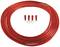 Roll of red cable next to four metal cable lugs, ready for installation.