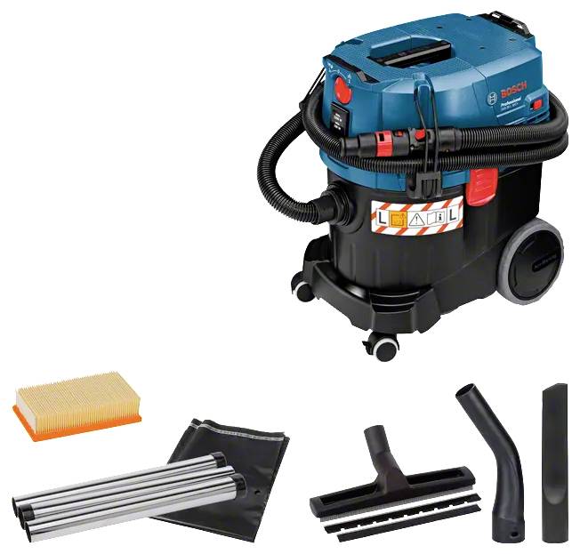 A blue and black Bosch industrial vacuum cleaner with a HEPA filter, hose, and various attachments, including nozzles and extension tubes.
