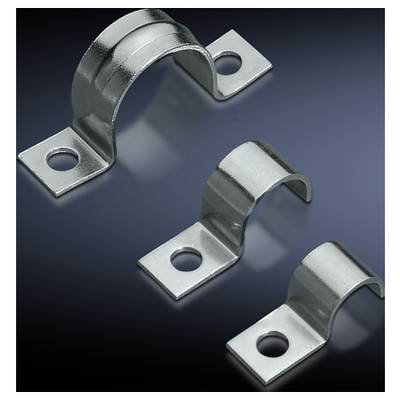 Three metal pipe clips in various sizes for securing pipes on a dark surface.