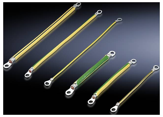 Various earth cables in yellow-green with metal lugs at both ends. The cables vary in length and thickness.