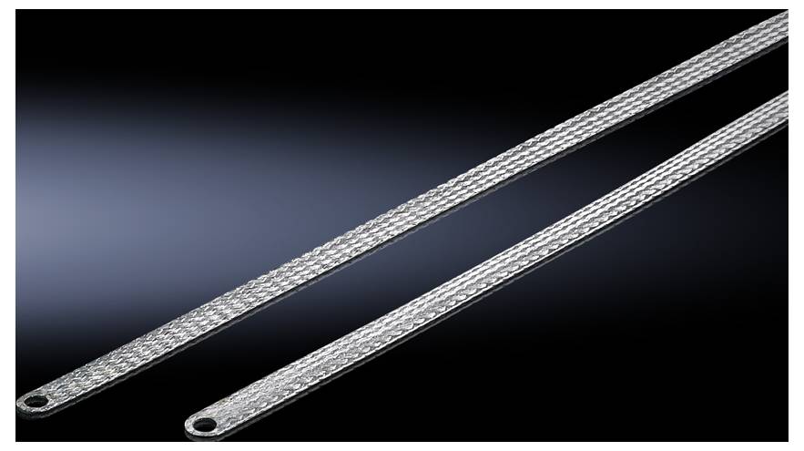 Two silver, braided metal strips against a black background. They have a hole at one end for fastening.