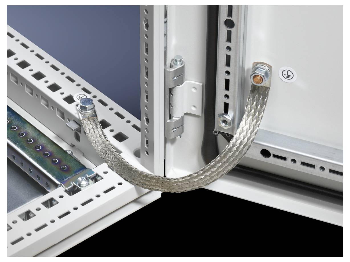 A metal braided earth conductor connects two adjacent metal frames in an electrical switchboard for earthing purposes.
