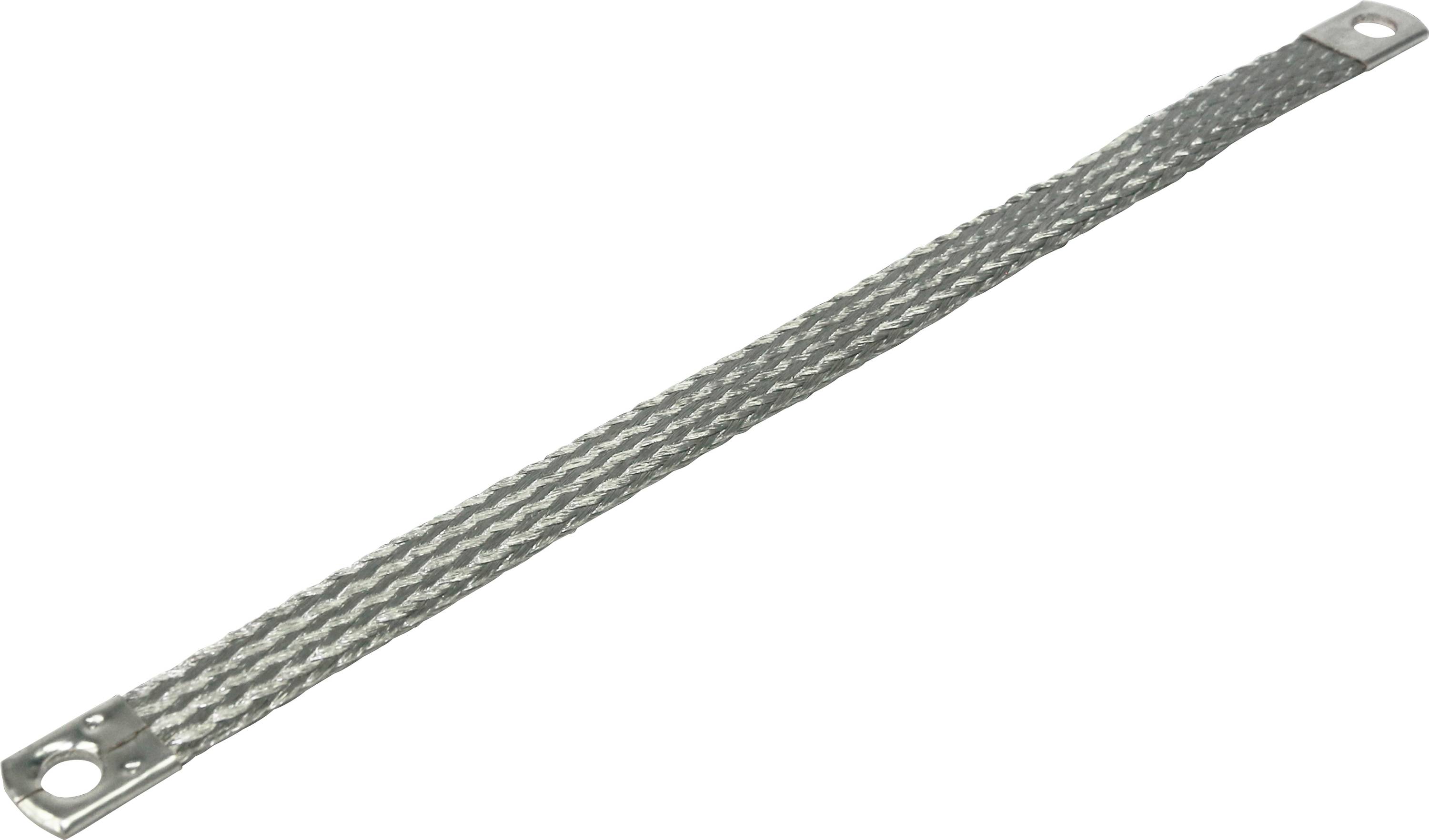 Metallic braided strap with eyelets at both ends, used for electrical earthing or connection in technical installations.