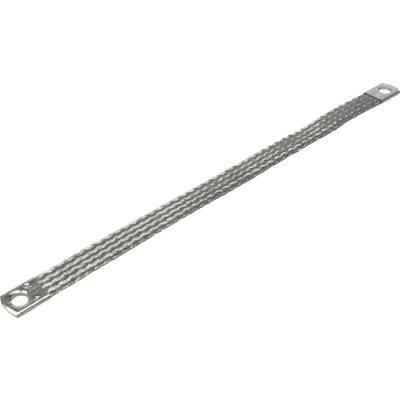 Metallic braided strap with eyelets at both ends, used for electrical earthing or connection in technical installations.