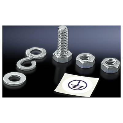 Screw set with two nuts, two washers, and an earthing symbol sticker, arranged on a black background.