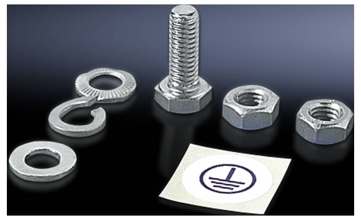 A group of metal connecting elements comprising a bolt, nuts and washers, along with an earthing symbol sticker.