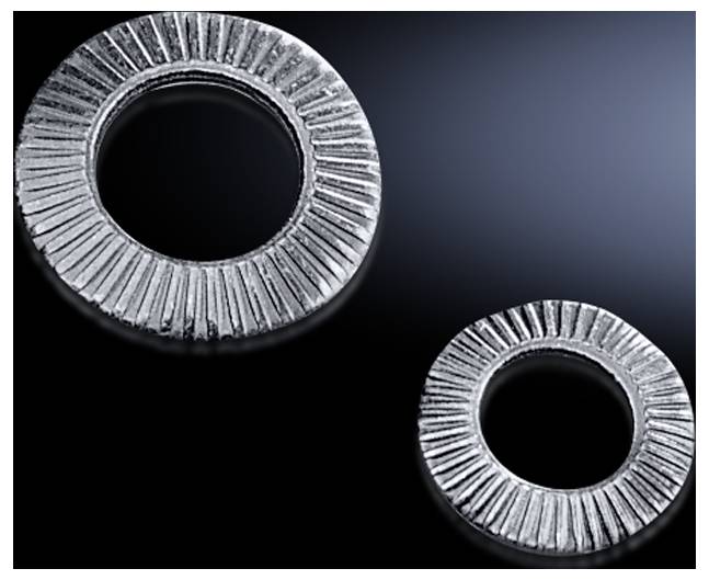 Two rubber-coated metal washers on a dark background, of different sizes. The larger washer is positioned in the top left.