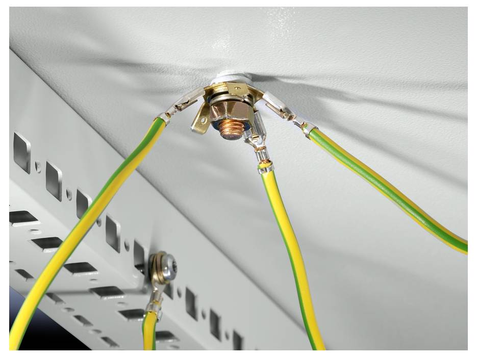 Earthing cables are attached to a metal surface. The green and yellow cables are connected to a central earthing terminal.