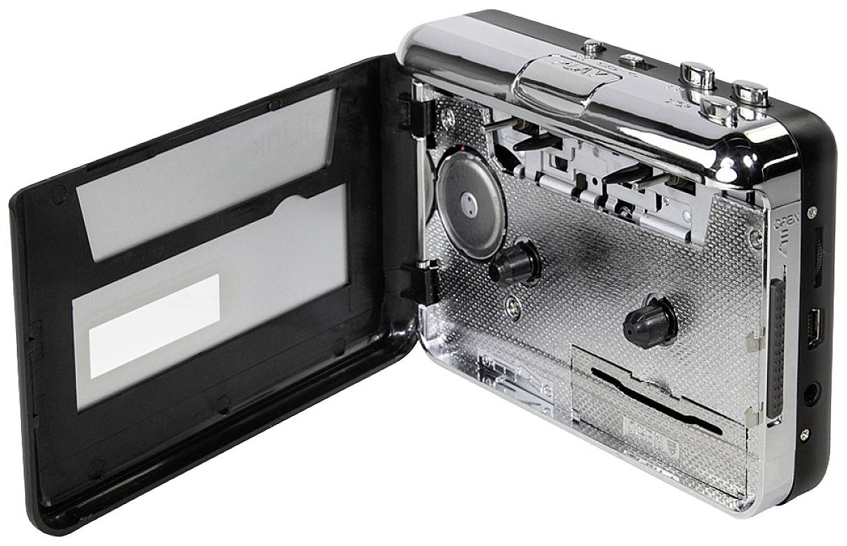 A opened portable cassette player shows the lid and inner mechanism with tape head and spool.