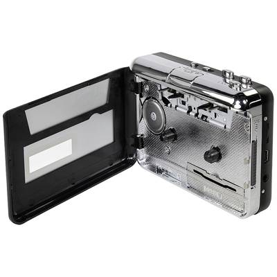 A opened portable cassette player shows the lid and inner mechanism with tape head and spool.