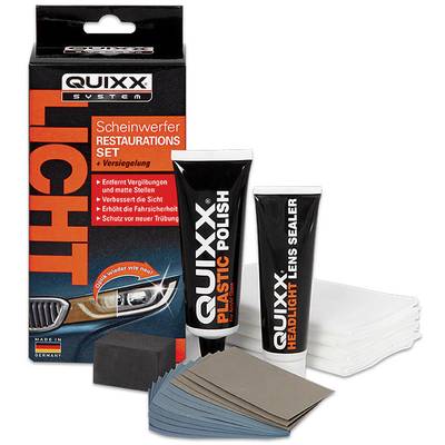 Quixx Headlight Restoration Kit: Contains polish and sealant for crystal-clear headlights, including cloths and sandpaper.