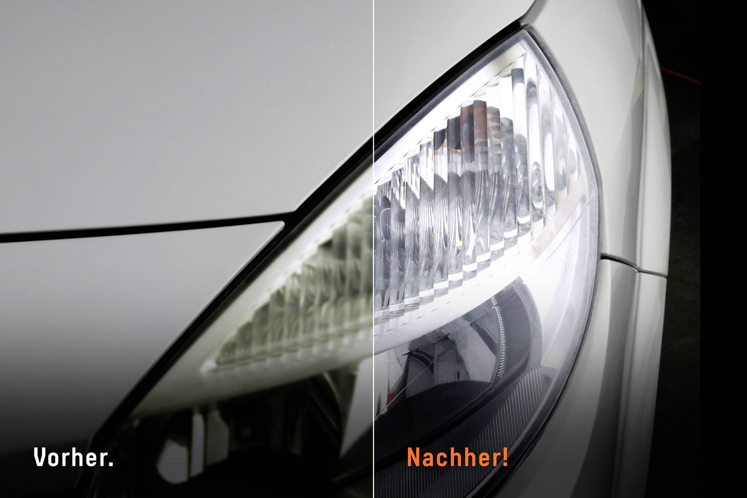 'Section of a car headlight: dull on the left before repair, clear and glossy on the right after repair.'