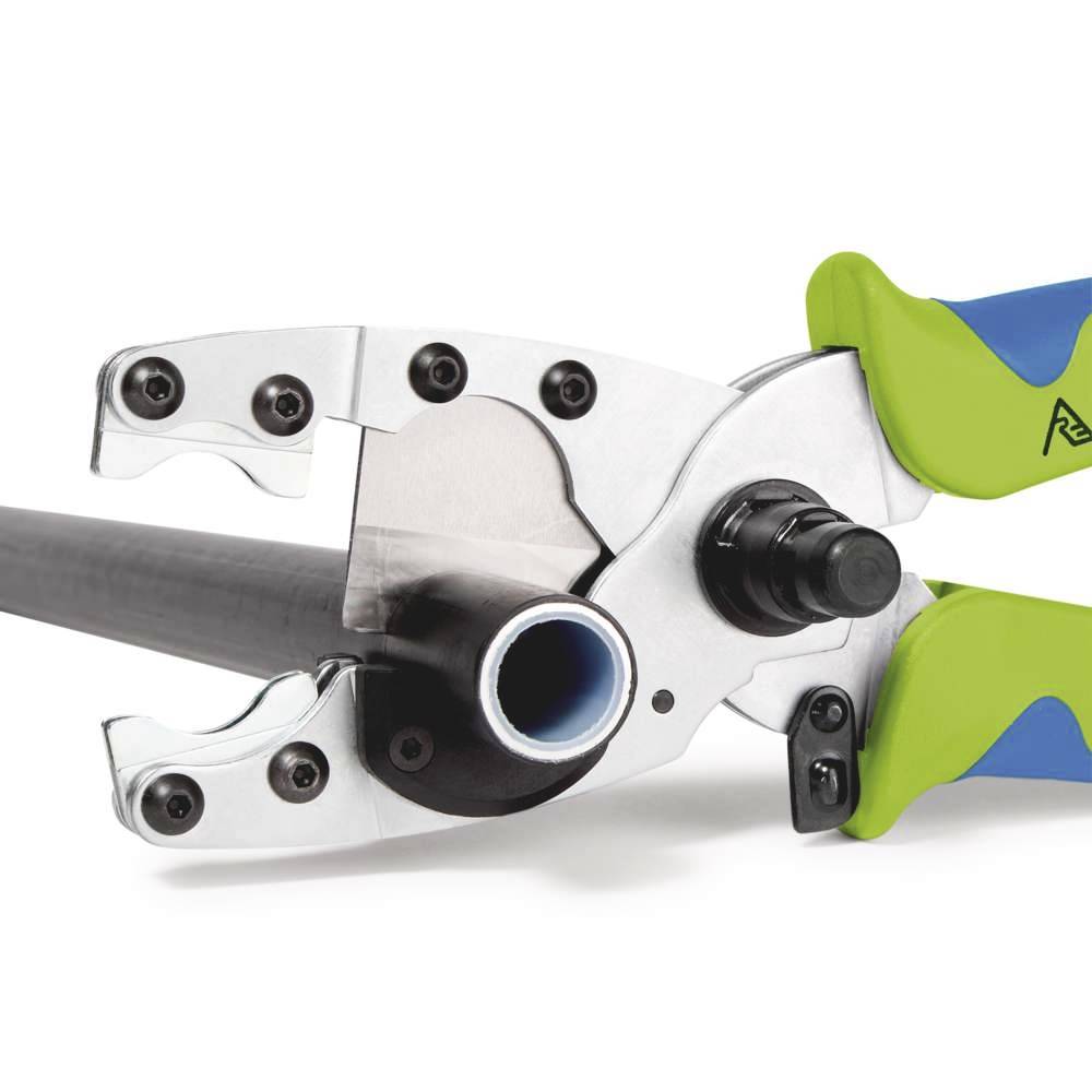 Tool for crimping pipes, with silver jaws and a green-blue handle, holding a black pipe.