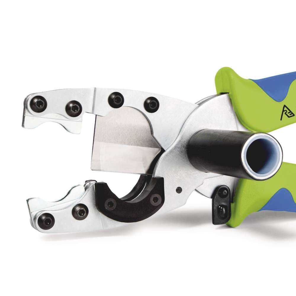 Metal cutter with green-blue handle, open, designed for cutting metal pipes. Primarily used in construction or installation work.