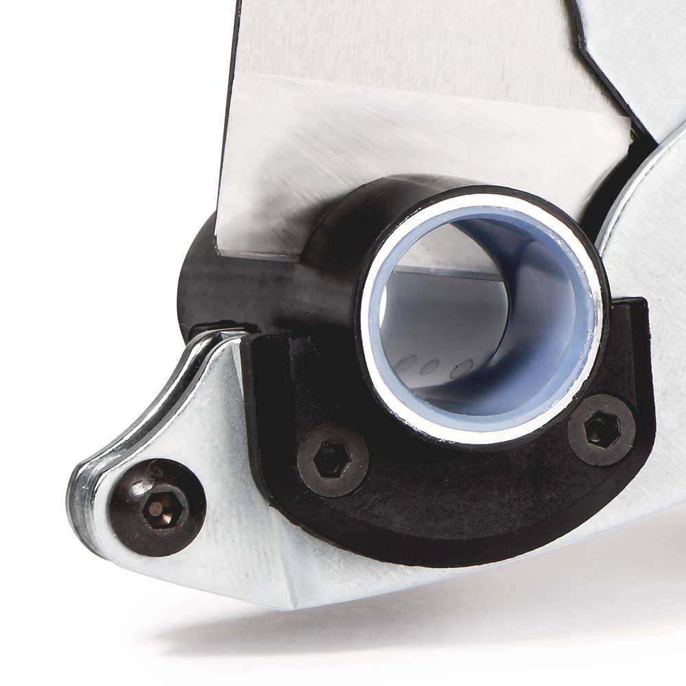 A chrome-plated metal component with a cylindrical tube section and screws, likely a machine part or tool.