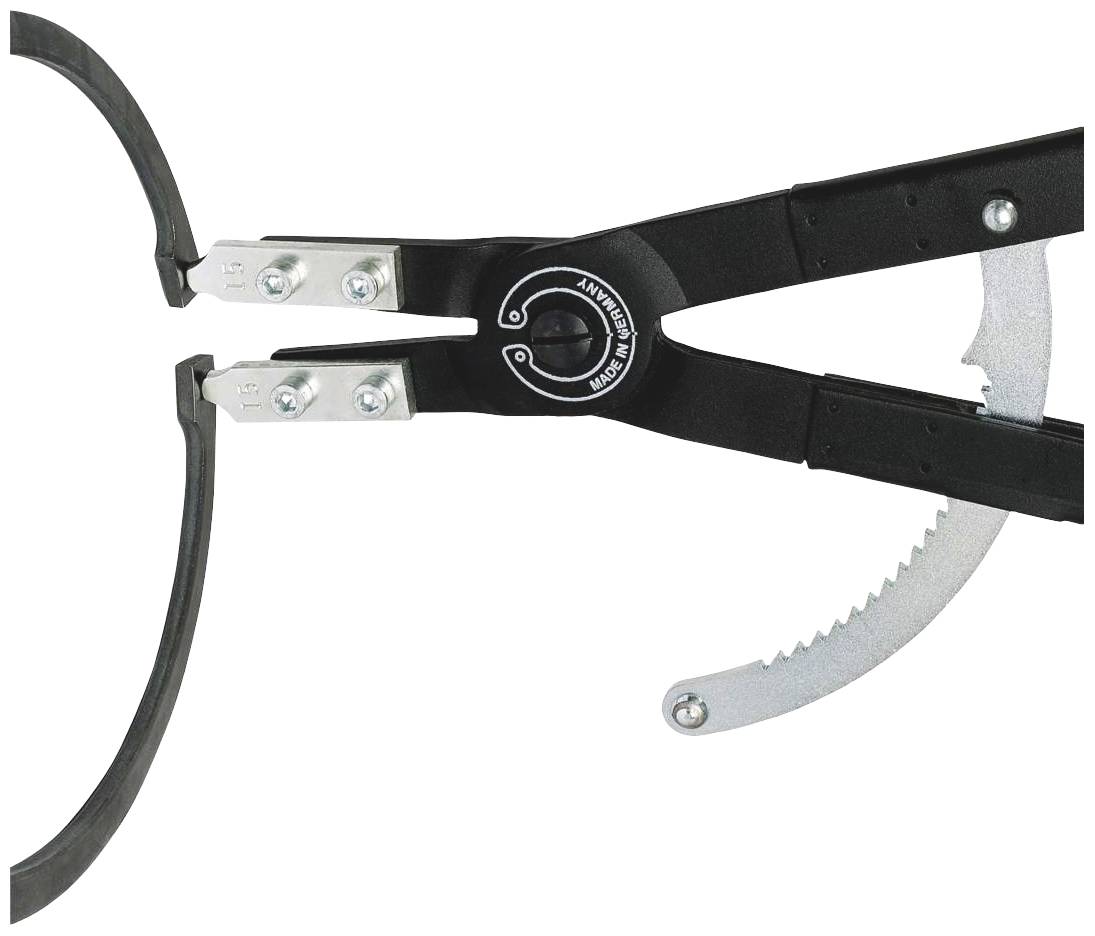 A black pair of pliers grips a metal ring. It has serrated edges and a circular motion disc in the centre.