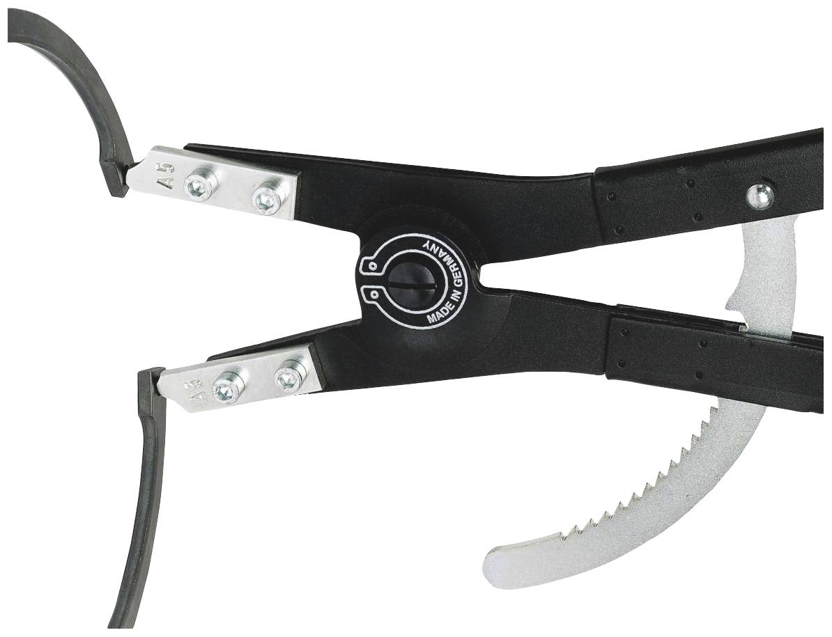 A black, adjustable clamp with serrated gripping jaws and a central adjustment knob, suitable for securing or holding objects.
