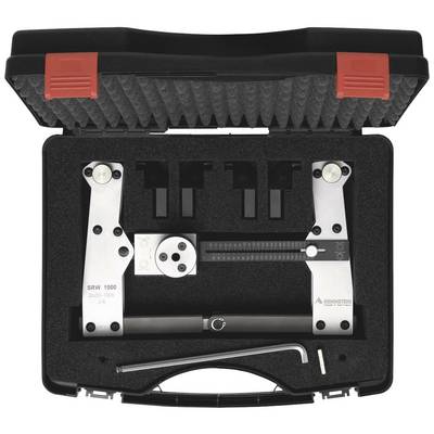 A tool case with metal measuring instruments, including a calibration tool with various attachments and an Allen key.