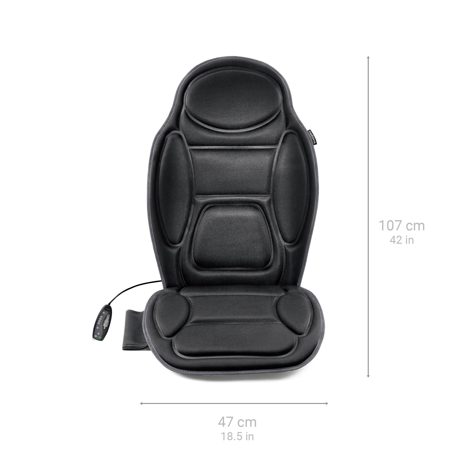 Black massage cushion for a chair with control element. Dimensions: 107 cm height, 47 cm width. Ideal for relaxation in the office or at home.