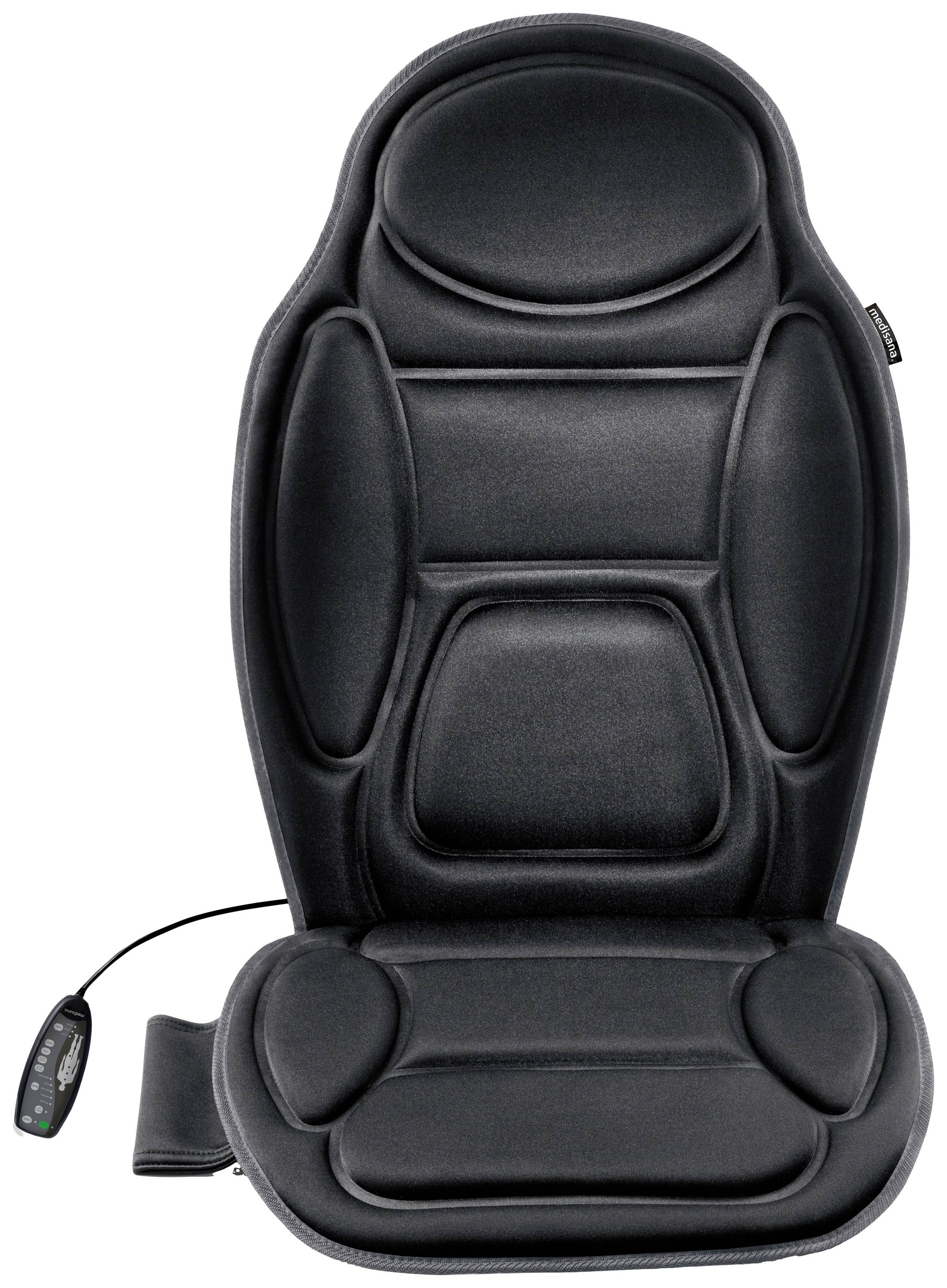 Massage seat cushion with black upholstery and integrated remote control, featuring multiple cushion segments for massage.