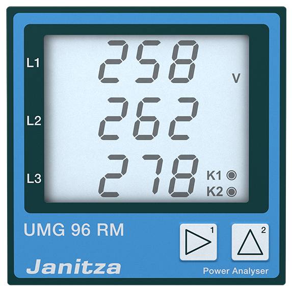 A digital measuring device displays voltages L1: 250V, L2: 262V and L3: 278V. Device type: UMG 96 RM. It is a power analyser.