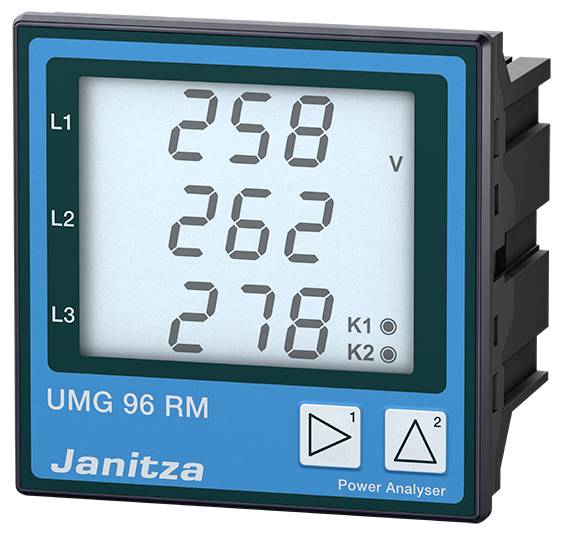 'UMG 96 RM' Performance Meter with digital display shows measured values: L1 258V, L2 262V, L3 278V. Two function buttons at the bottom.