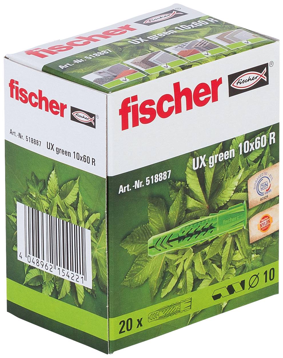 Box of Fischer UX green 10x60 R wall plugs, shown in product packaging with green leaf graphics and barcode.