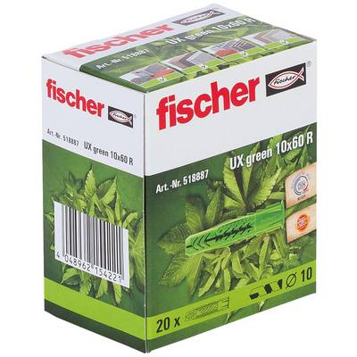 Box of Fischer UX green 10x60 R wall plugs, shown in product packaging with green leaf graphics and barcode.