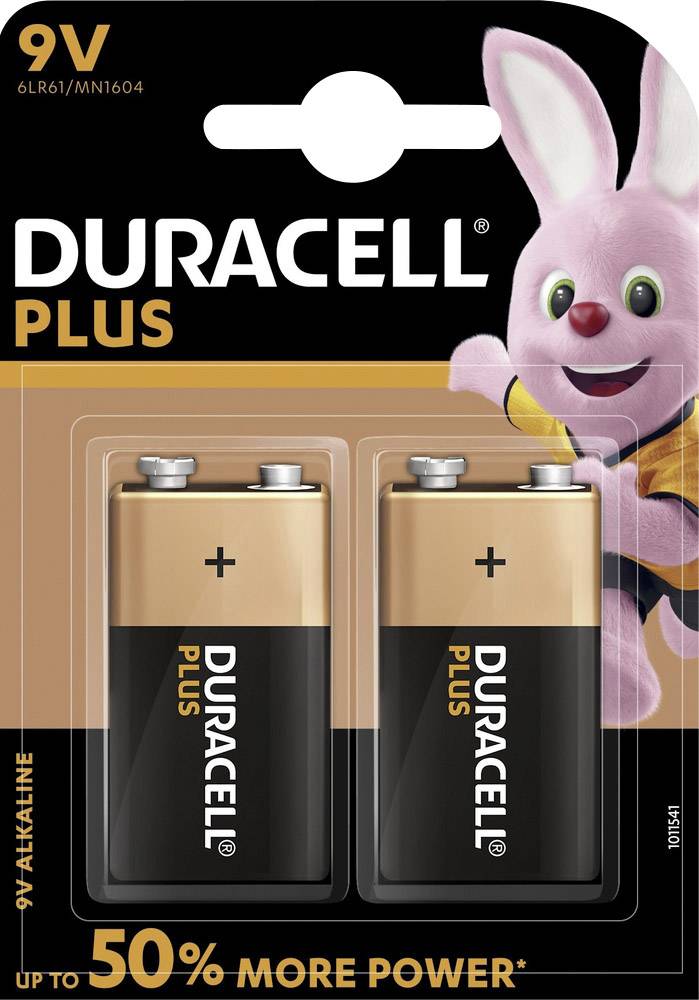 Two 9V Duracell Plus Alkaline batteries in packaging, with a pink rabbit mascot. Text: 'Up to 50% more power'.
