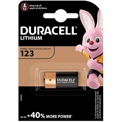 Duracell lithium battery pack featuring a CR123 battery and a pink rabbit in sportswear, holding the battery in its hand.