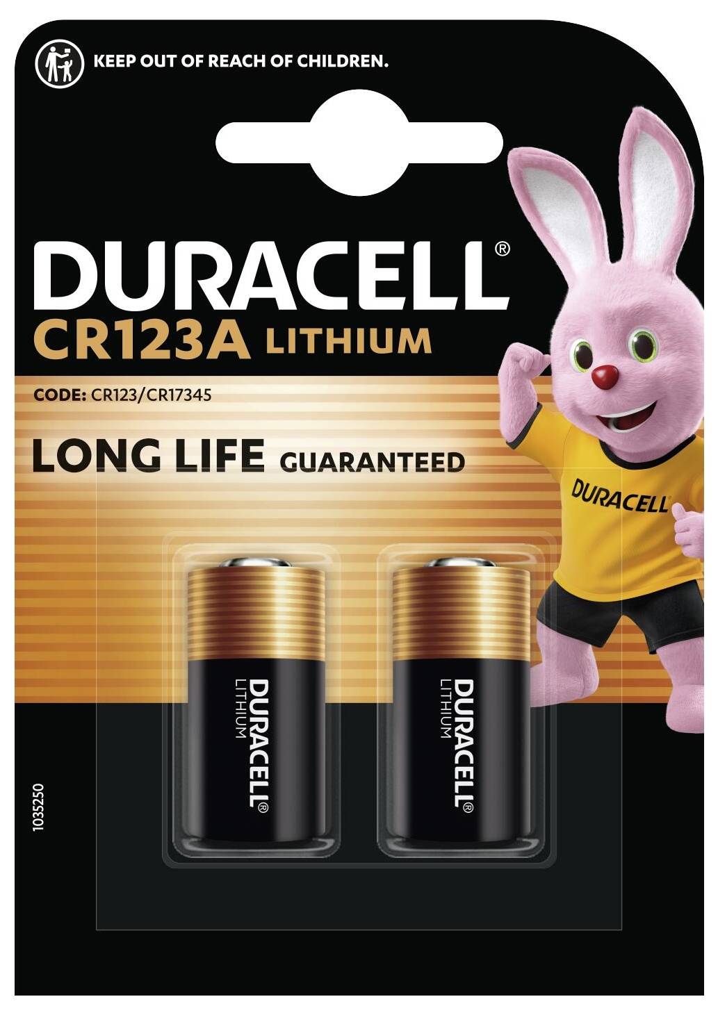 'Duracell CR123A Lithium Batteries' package with two batteries. Features a pink bunny mascot and text 'Long Life Guaranteed'.