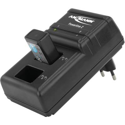 'Charger with battery inserted, ready to charge. Two charging slots, mains plug on the side. Brand name at the top.'