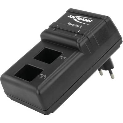 A black charger with two battery compartments and a European plug socket connection, with the model designation 'Powerline 2' displayed on top.