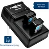 Charger for 9V batteries with individual monitoring, two batteries inserted. Brand name at the top, note 'For 1 to 2 9V block batteries'.