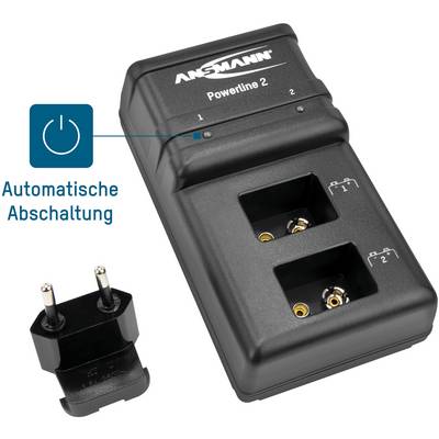 Ansmann Powerline 2 charger with two charging slots and mains adapter, featuring automatic cut-off for safety.