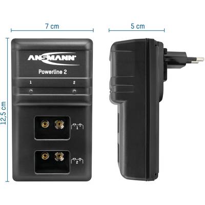 'Ansmann Powerline 2' Battery Charger, dimensions: 12.5 cm high, 7 cm wide, side view shows 5 cm depth, with two charging slots and EU plug.