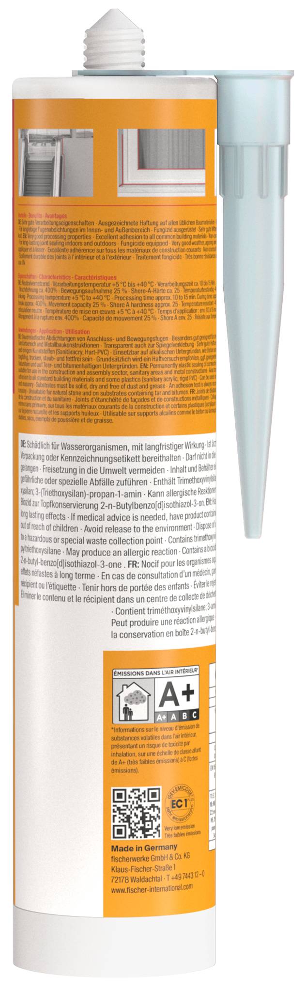 Orange spray can with a white cap and light gray nozzle, covered in product information labels and hazard markings.