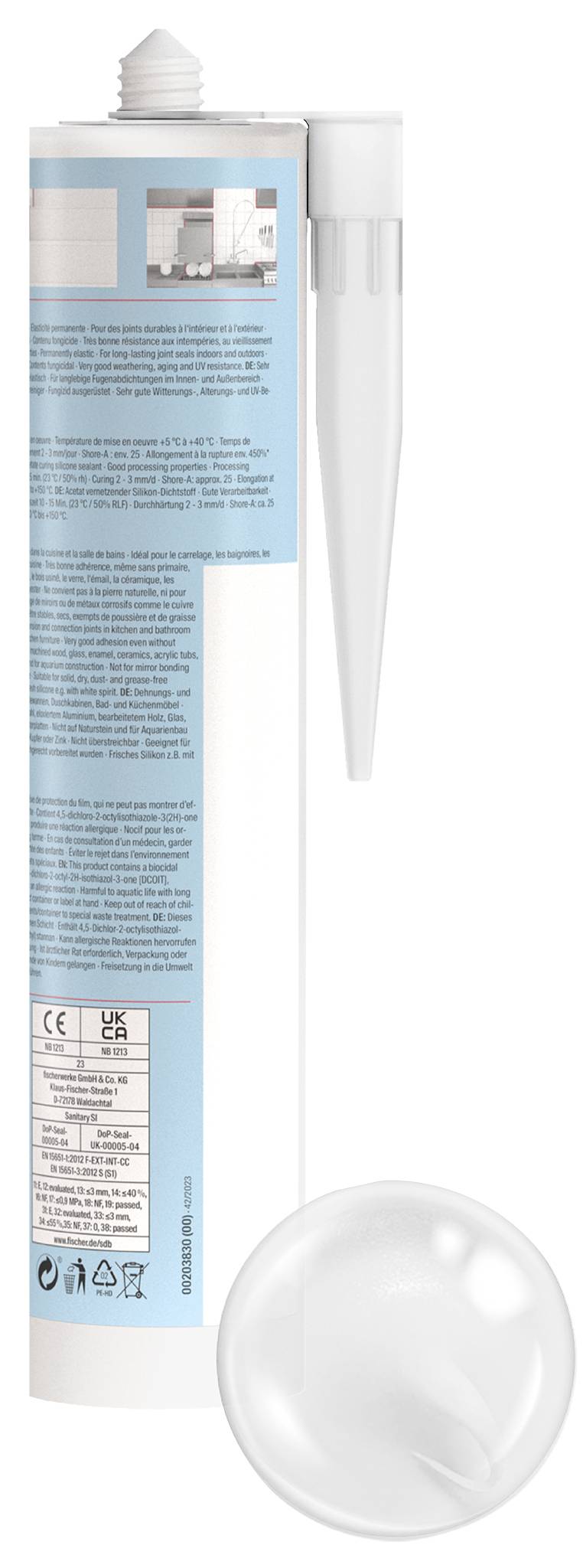 White squeeze tube with a long nozzle and a clear round cap, shown from the back with blue label text and product information.
