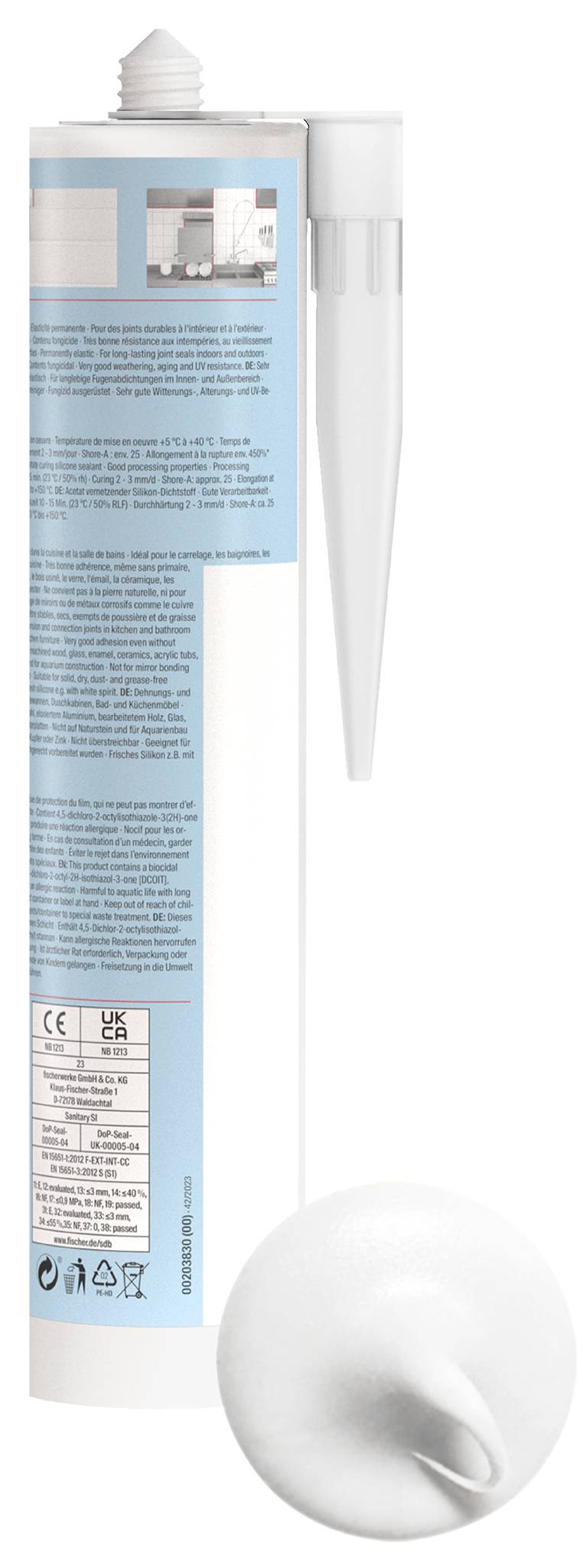 White cosmetic tube with flip cap, back label text, and separate long nozzle tip shown beside it.