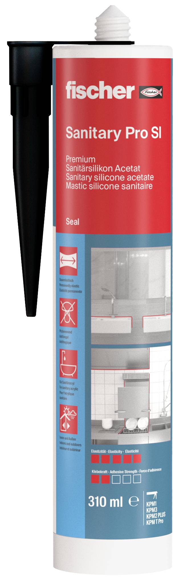 Tube of fischer Sanitary Pro SI sealant, 310 ml, with black applicator nozzle and red-blue label for sanitary silicone sealing.