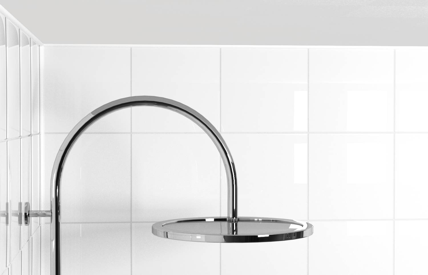 Close-up of a modern chrome showerhead and curved pipe against white tiled bathroom walls.